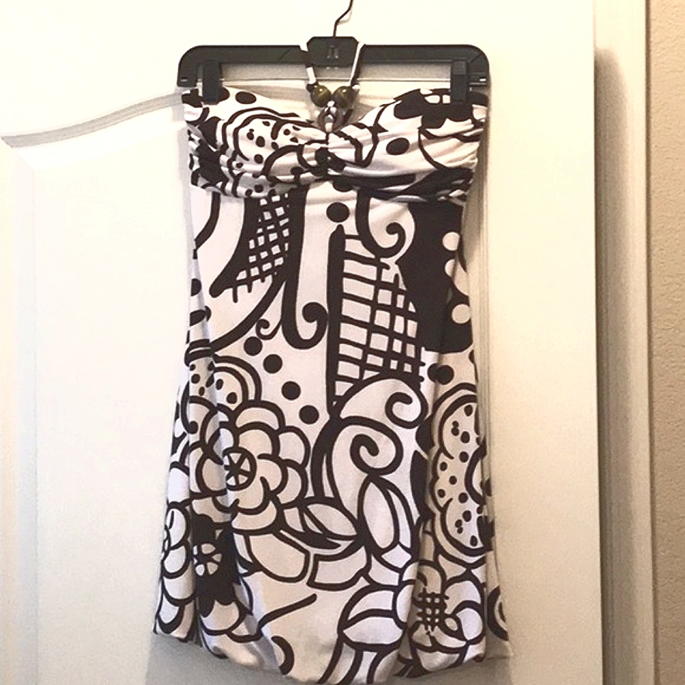 White and dark brown abstract pattern halter dress - Picture 1 of 5